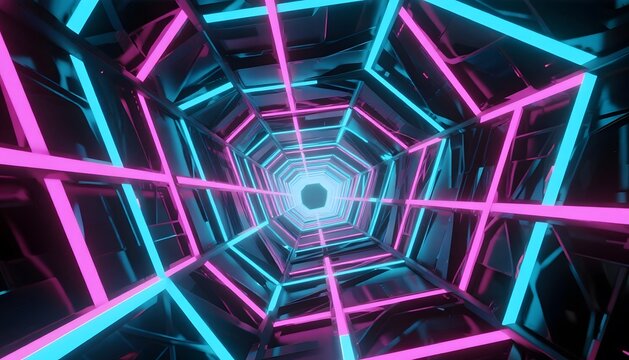 Cyberpunk Neon Glowing Grid Tunnel Background
