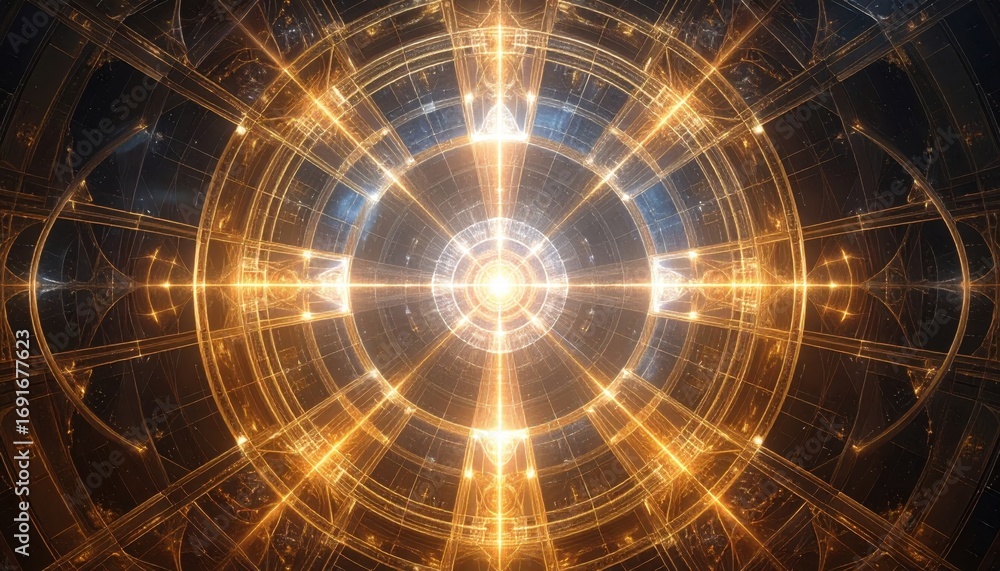 Poster a mesmerizing, golden, intricate, circular design radiates outward from a central point, creating a 