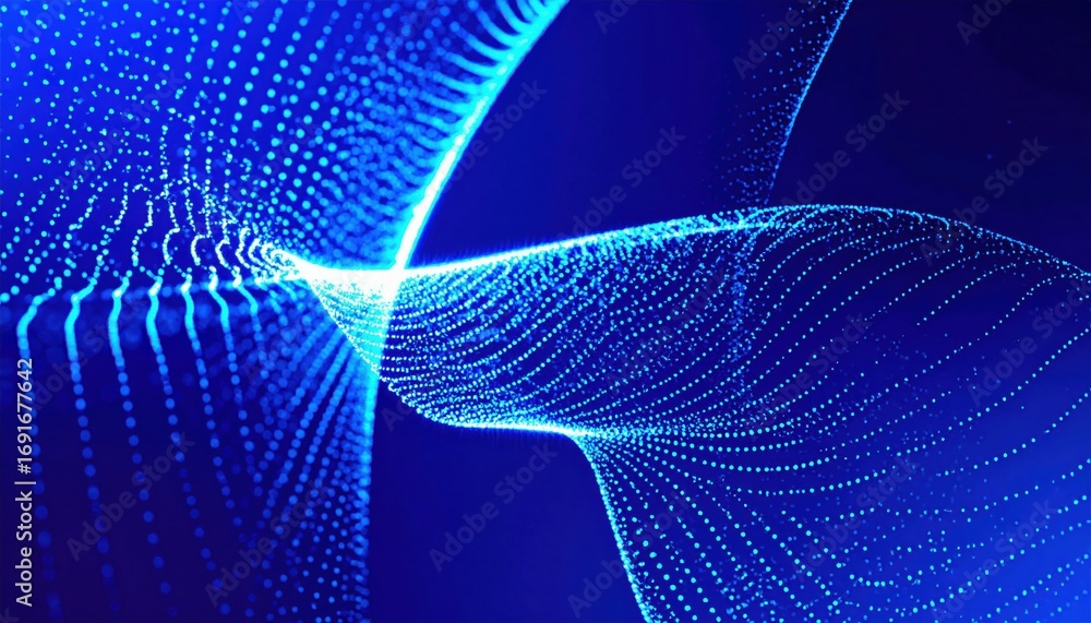 Poster an abstract representation of luminous blue waves and dots, creating a dynamic visual effect that su