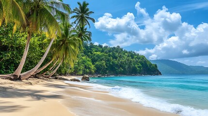 Serene tropical paradise with a sandy beach, lush palm trees, and clear turquoise ocean water