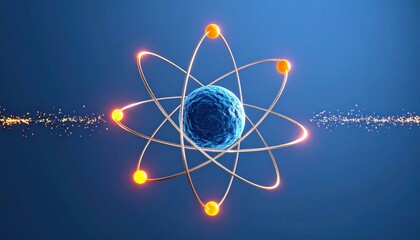 A stylized atomic model with a blue nucleus and orbiting electrons, set against a vibrant blue background, symbolizing science and technology.