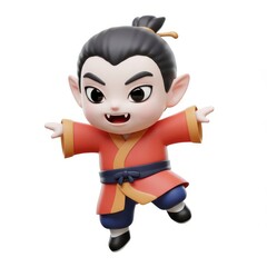 Fototapeta premium A joyful, cartoonish figure of a young, spirited character in a vibrant orange and gold robe, leaping with outstretched arms against a plain white backdrop.