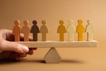 Wooden figures representing diverse people balanced on a seesaw