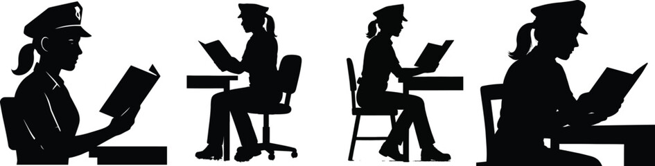 Silhouette of female police officers reading or studying detailed study collection silhouette