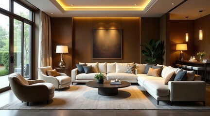 Fototapeta premium Luxurious Modern Living Room Interior Design with Sectional Sofa and Accent Chairs, Elegant Lighting, and Tranquil Views