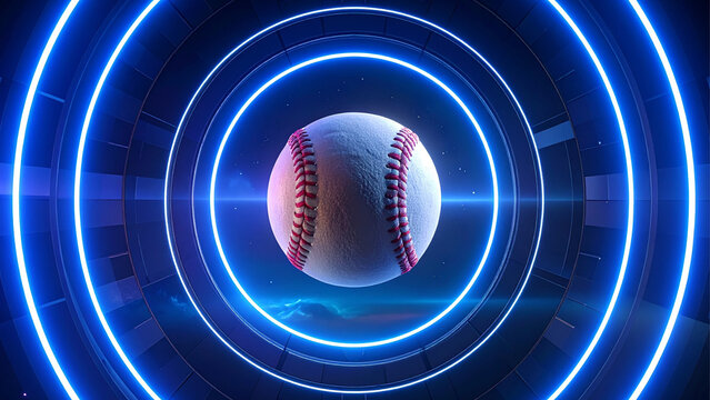 A baseball within a glowing blue circular ring, representing sports and technology