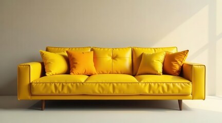 A vibrant yellow leather sofa, adorned with coordinating cushions, bathed in soft sunlight against a neutral backdrop, presents a modern and inviting living space aesthetic.