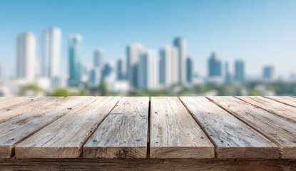 Wooden tabletop over a blurred cityscape