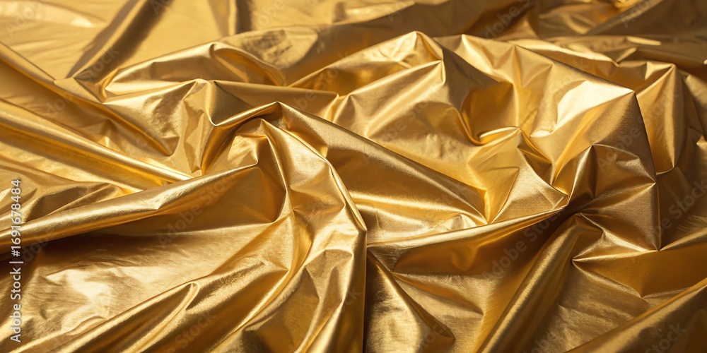 Poster abstract close up of crumpled shiny gold fabric with dramatic lighting and deep shadows creating tex