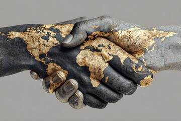World map handshake on aged hands