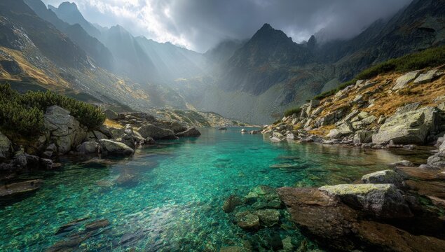 Mountain lake reflecting sunlight
