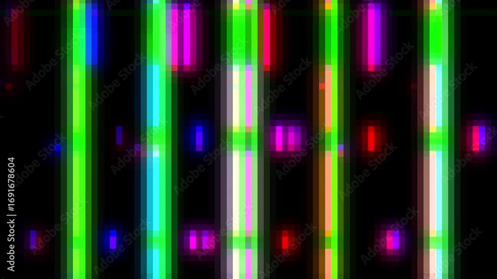 Poster bright glowing lines and pixels fast animation on black background