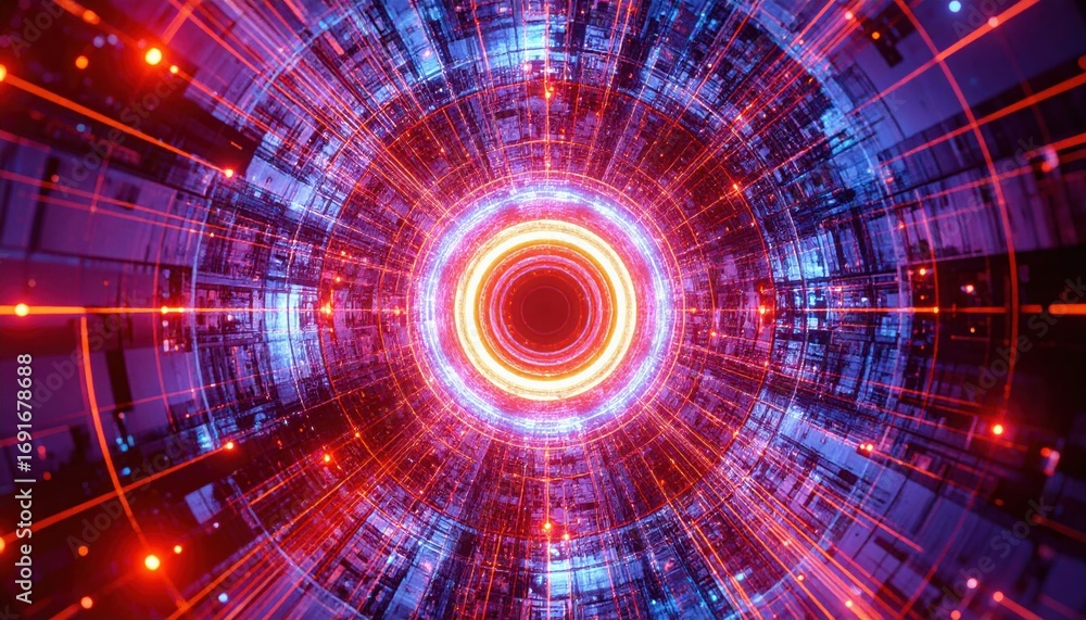 Poster a vibrant, abstract image depicting a circular pattern of light and color, resembling a futuristic t