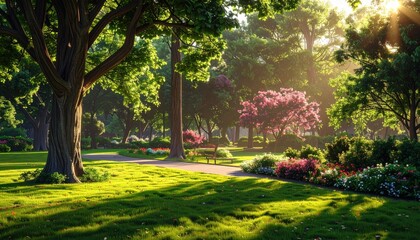 Obraz premium A sun-drenched park path winds through lush greenery, vibrant flowers, and towering trees, bathed in golden sunlight.