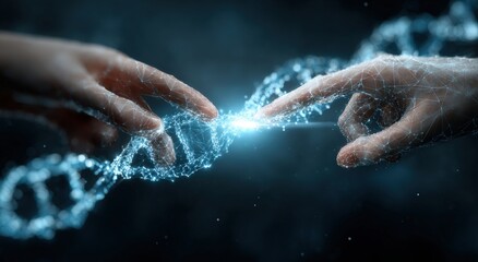 Two hands touching a DNA strand
