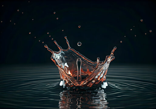Crystal Clear Water Splash Crown Formation with Tiny Droplets and Ripples on Dark Background