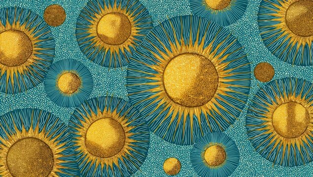 Abstract pattern of golden suns on teal background