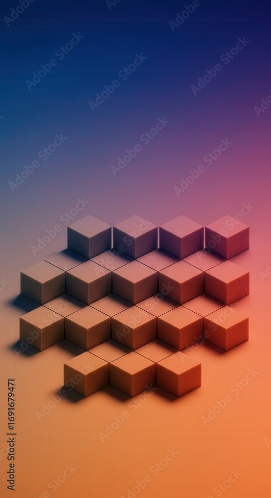 Poster abstract geometric design of stacked cubes in a gradient background.