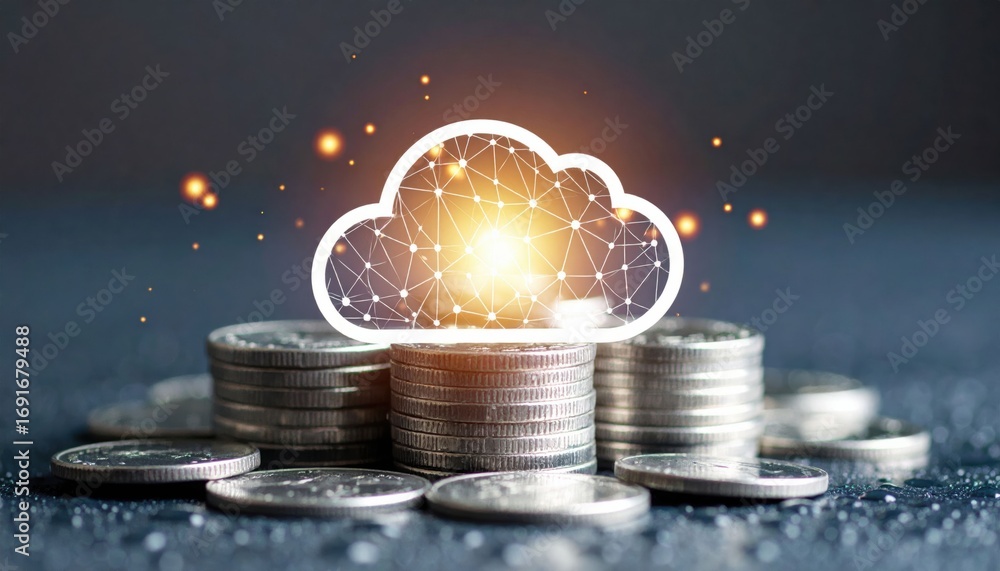 Poster a cloud symbol with a glowing center floats above a stack of coins, representing digital finance and
