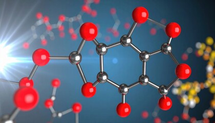 Obraz premium A 3D representation of a molecular structure, featuring interconnected atoms depicted with red spheres and metallic links, emphasizing scientific exploration.