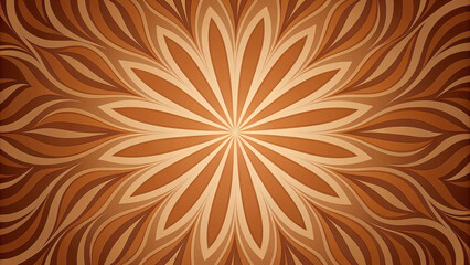 Ornate brown and orange floral mandala pattern radiating from center with layered petals and flowing curved lines creating symmetrical design.
