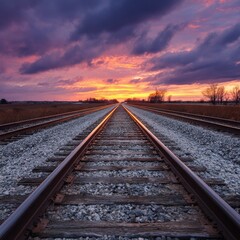 Fototapeta premium Beautiful Sunset Over Railway Track Surrounded by Dramatic Clouds