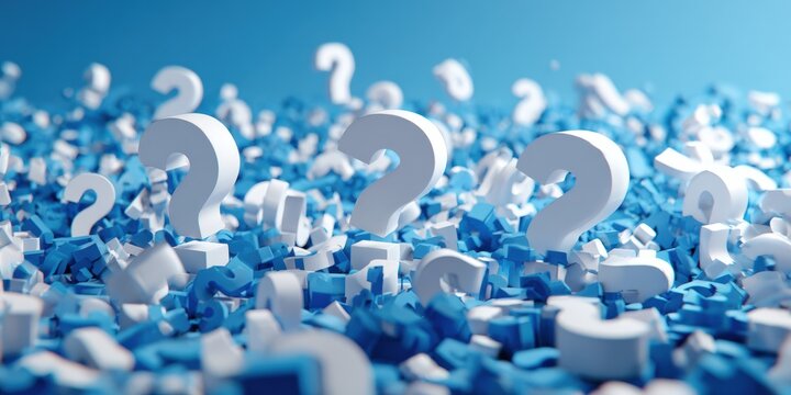White question marks and numbers emerge from a blue fragmented digital landscape