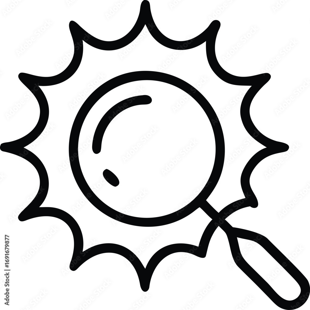 Poster Sunshaped magnifying glass icon in simple outline design for web and print