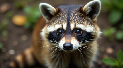 A Curious Raccoon Close-Up  Intriguing Gaze and Striking Fur Pattern in Natural Habitat