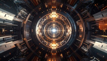 Fototapeta premium A futuristic, detailed tunnel of concentric rings with metallic surfaces and warm golden highlights reveals a bright central point, evoking a sense of awe and mystery.