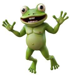 Fototapeta premium A joyful, cartoon frog leaps with wide eyes and an open mouth, showcasing a vibrant green hue against a stark white backdrop.