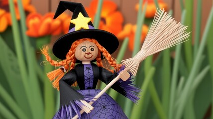 Handmade Witch Doll with Broom and Halloween Outfit