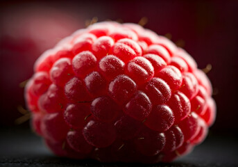 Extreme Close up Macro Shot of a Single Ripe Red Raspberry with Detailed Texture and Dark Background