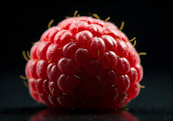 Macro Shot of a Single Ripe Raspberry with Its Distinct Lobes and Delicate Hairs Against a Dark Background