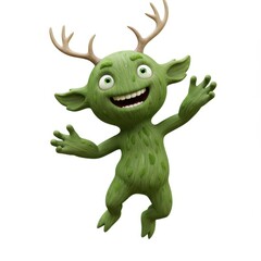 Obraz premium A cheerful, cartoonish creature with antlers leaps with joy against a plain white background.