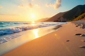 Golden sunlight bathes a pristine sandy shoreline, gentle waves lapping at the shore, leaving delicate patterns in the sand Perfect for travel, nature, or summer themes , relaxing, paradise