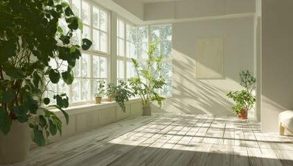 Fototapeta premium Sun-drenched interior with lush greenery