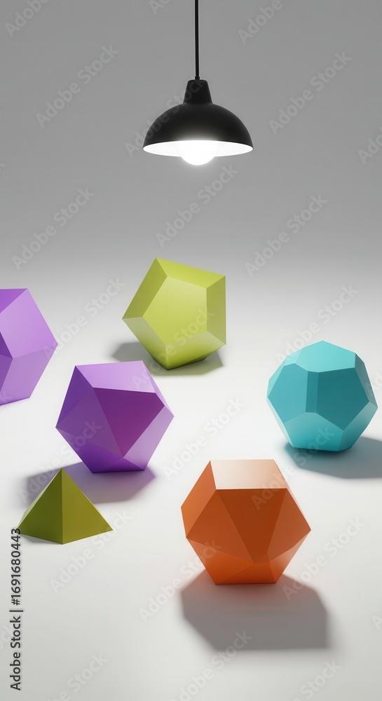 Poster colorful geometric shapes arranged on a white surface, illuminated by a hanging light fixture.
