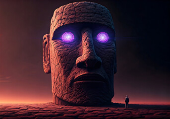 Mysterious Giant Stone Head with Glowing Purple Eyes Stands over a Lone Figure on a Barren, Red Planet
