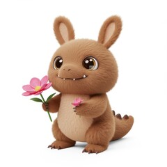 Obraz premium A cute, cartoonish creature, light brown in color, holds a bouquet of pink flowers.