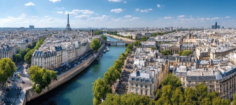 Panoramic cityscape of Paris, France, featuring the Seine River and Eiffel Tower