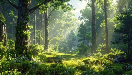 Fototapeta premium Lush forest floor bathed in morning sunlight, showcasing vibrant greenery and gentle light filtering through the trees.