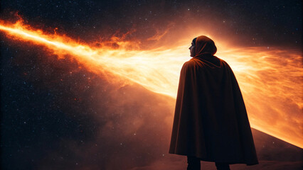 Mystical hooded figure silhouetted against cosmic nebula with brilliant orange stellar phenomena creating dramatic celestial scene of contemplation and wonder.