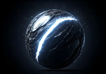 A Dark, Cracked Sphere Emits a Bright Blue Light from Within Against a Starry Night Sky