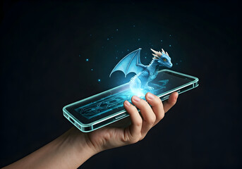 Blue Holographic Dragon Emerges from a Smartphone Screen Displayed on a Hand