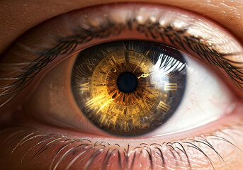 Extreme Close up of a Human Eye Reflecting an Ornate Golden Clock Face with Roman Numerals, Symbolizing Time and Vision