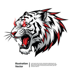 Head of a fierce white tiger roaring with glowing red eyes, an aggressive wildcat mascot concept