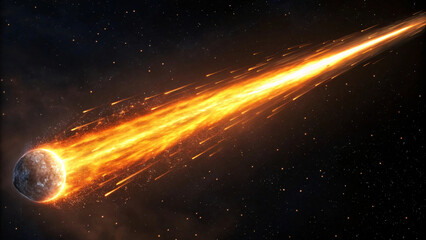 Fiery comet races through space with intense orange flames and glowing tail illuminating the dark stellar background.