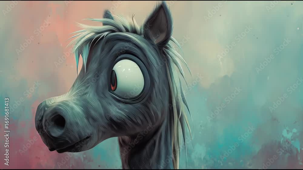Poster unique cartoon horse character with whimsical expression against vibrant background