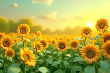 Obraz premium Vibrant sunflower field at sunset, a bright yellow floral landscape with green leaves and warm sunlight